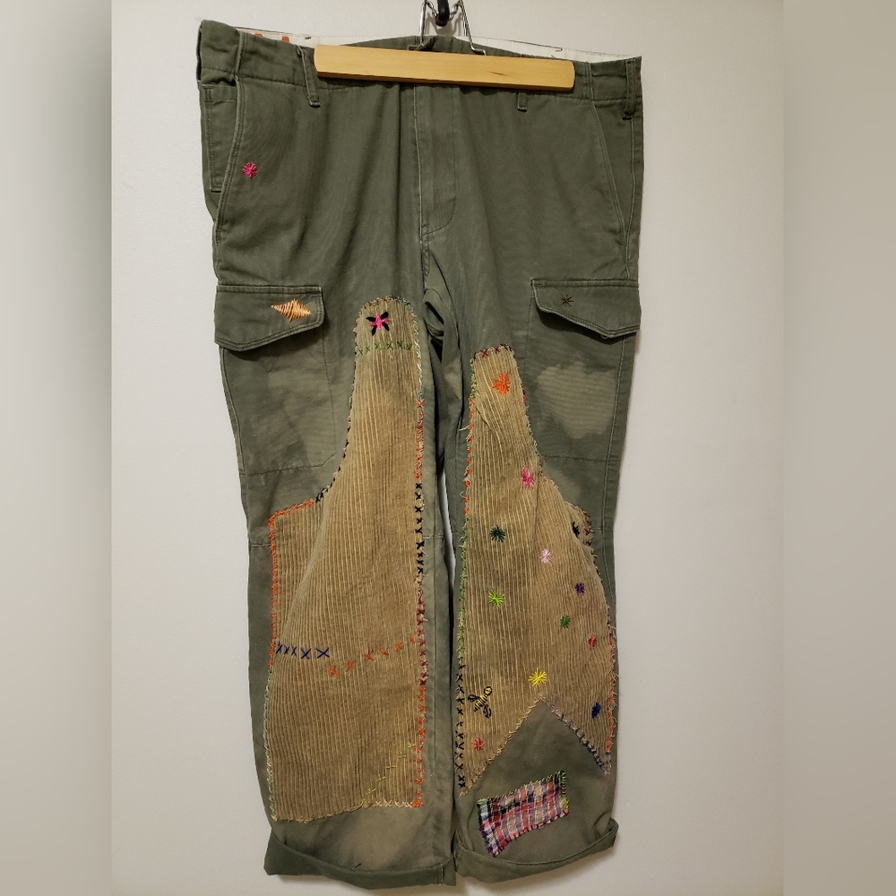 Honey Bee Pant Custom Hand Stitched Distressed With Corduroy Patches 🐝